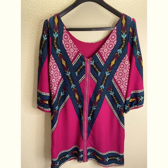 Pink Owl Women Fuchsia Abstract Print Boat Neck Three Quarter Sleeve Dress Sz M - Picture 4 of 7